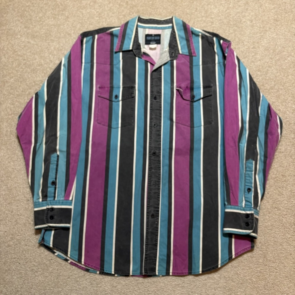 Vtg Wrangler Brushpopper Shirt Mens XL Multicolor Striped‎ Frontier Western 80s